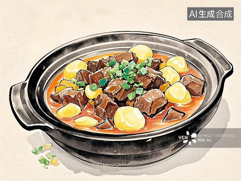 【AI数字艺术】传统美食土豆炖牛肉手绘线稿风格图片素材