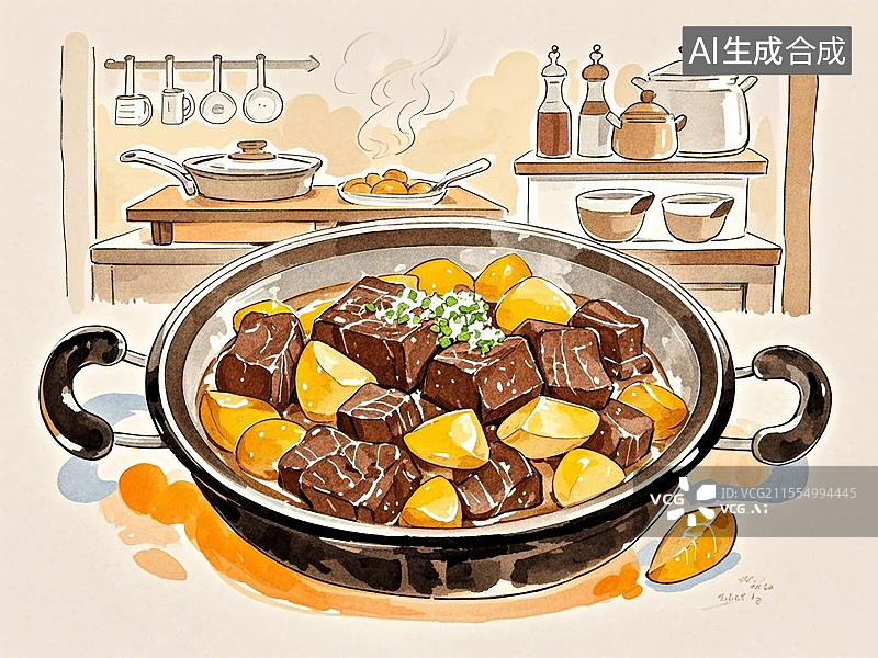 【AI数字艺术】传统美食土豆炖牛肉手绘线稿风格图片素材
