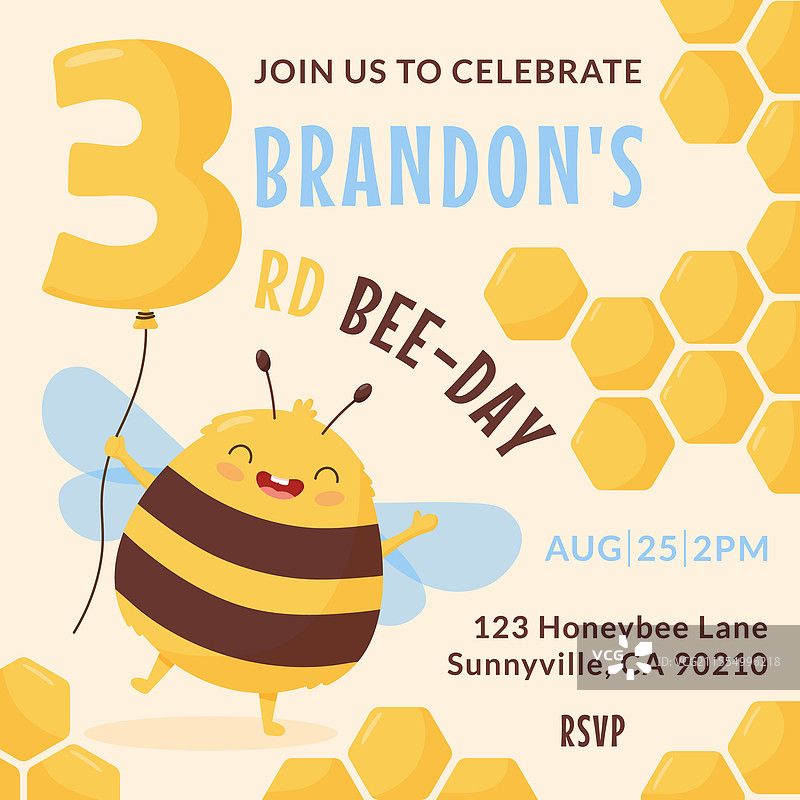 可爱快乐的小蜜蜂生日邀请模板图片素材