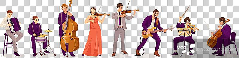 一群动画音乐家演奏各种乐器图片素材