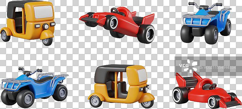 各种类型的3D汽车，包括三轮摩托车图片素材