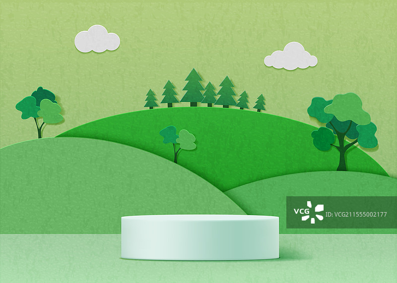 绿色3D山丘上的纸质背景讲台图片素材