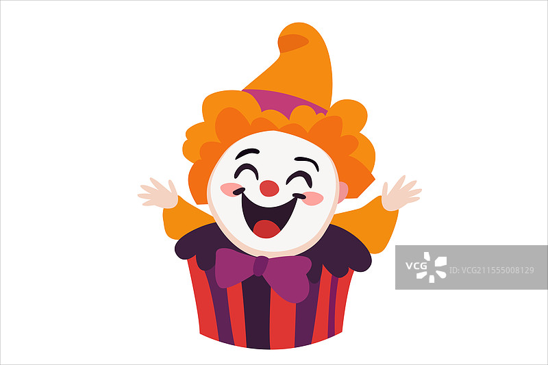 微笑的橙色小丑杯子蛋糕，卷曲的红色头发图片素材