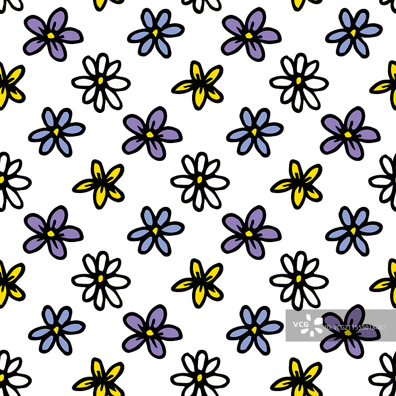 无缝图案，包含涂鸦风格的蓝色、黄色和紫色图片素材