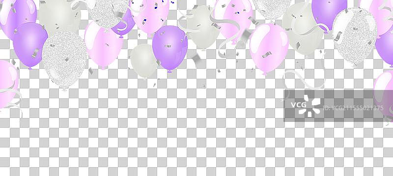 派对气球、浅粉色的五彩纸屑和旗帜图片素材