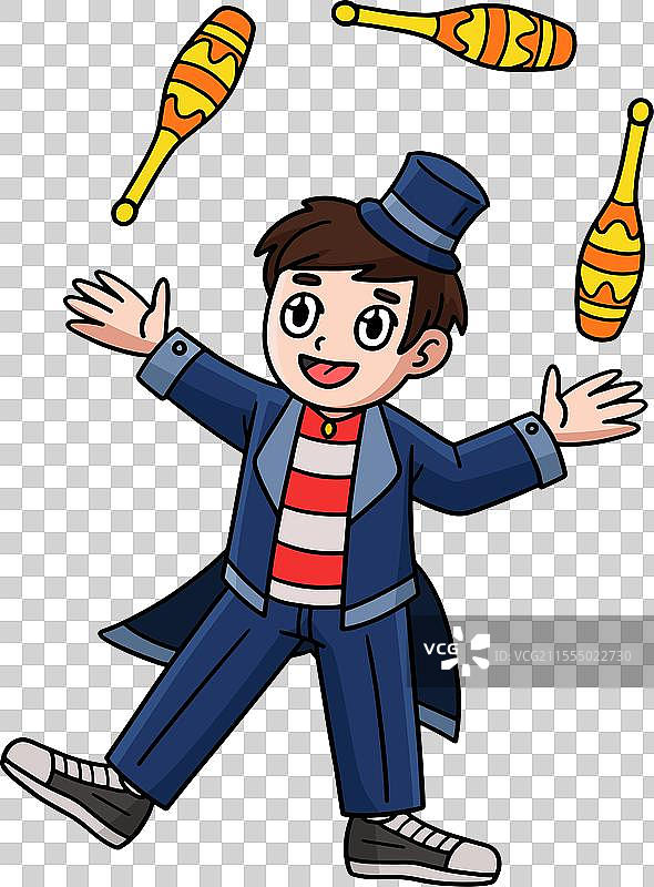 马戏团小丑玩弄彩色杂技棒的卡通剪贴画图片素材