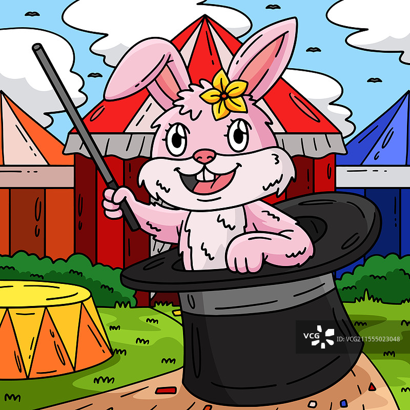 彩色卡通中的马戏团兔子在魔术师的帽子里图片素材