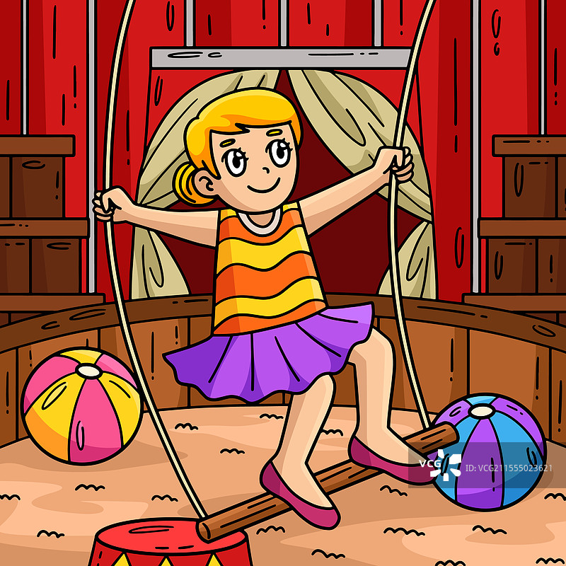 色彩斑斓的马戏团杂技演员与秋千表演的卡通形象图片素材