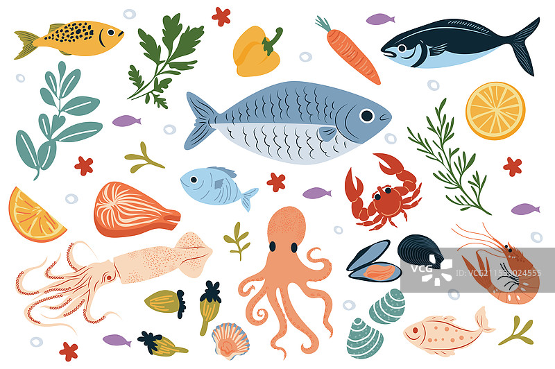 扁平化图形设计中的海鲜组合图片素材