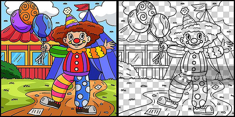 马戏团小丑手持气球的涂色图图片素材