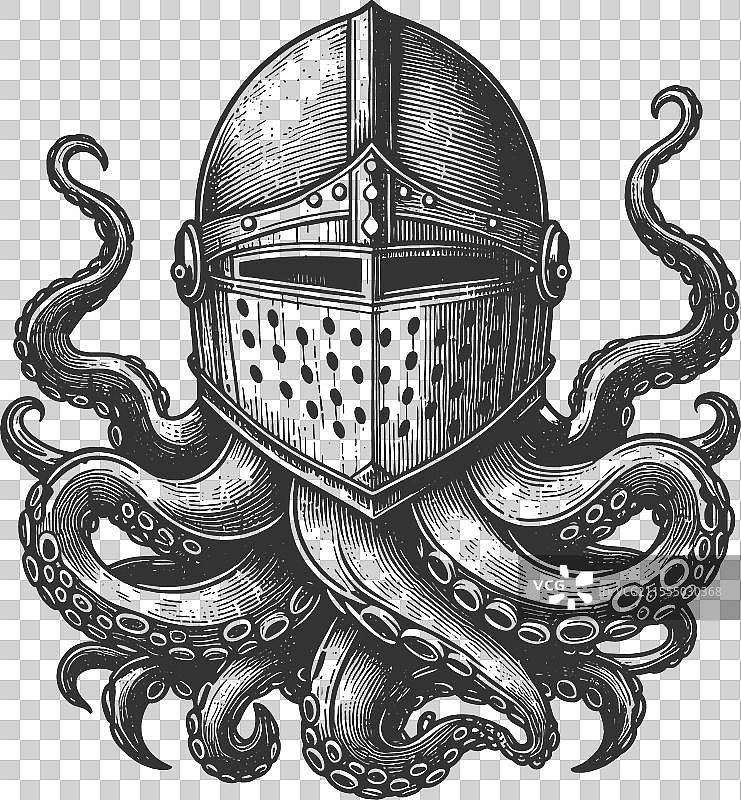 中世纪骑士头盔置于章鱼触手上图片素材