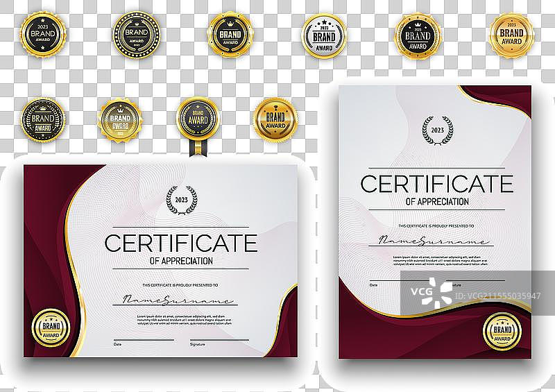 深红色证书文凭模板，带金色印章图片素材