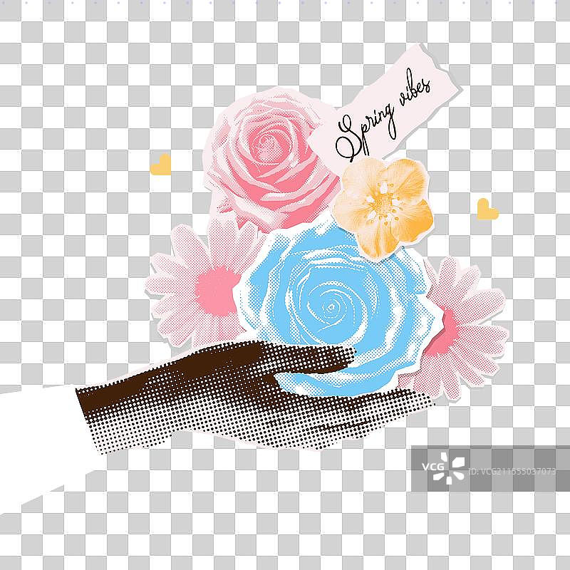 复古半色调手握一堆花朵图片素材