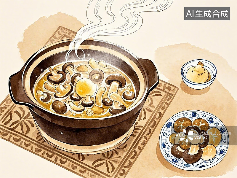 【AI数字艺术】传统美食小鸡炖蘑菇手绘线稿风格图片素材