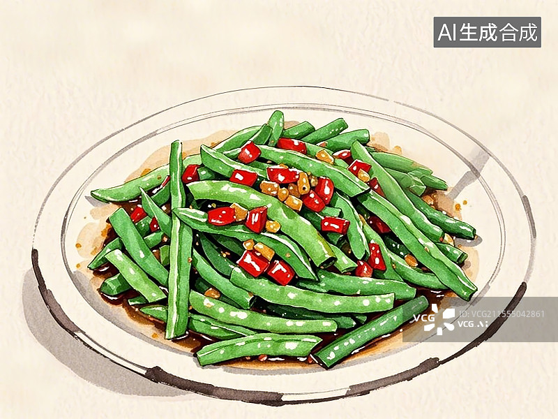 【AI数字艺术】传统美食干煸四季豆手绘线稿风格图片素材