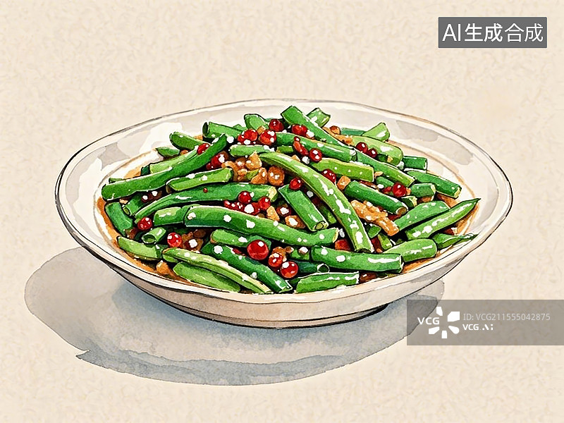 【AI数字艺术】传统美食干煸四季豆手绘线稿风格图片素材
