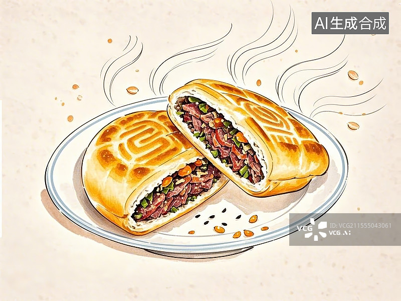 【AI数字艺术】传统美食河北驴肉火烧手绘线稿风格图片素材