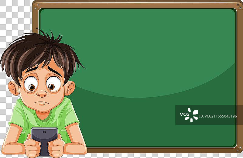 卡通男孩在黑板前看手机图片素材