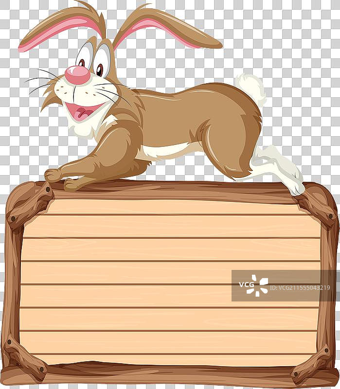 卡通兔子靠在一块空白的木牌上图片素材