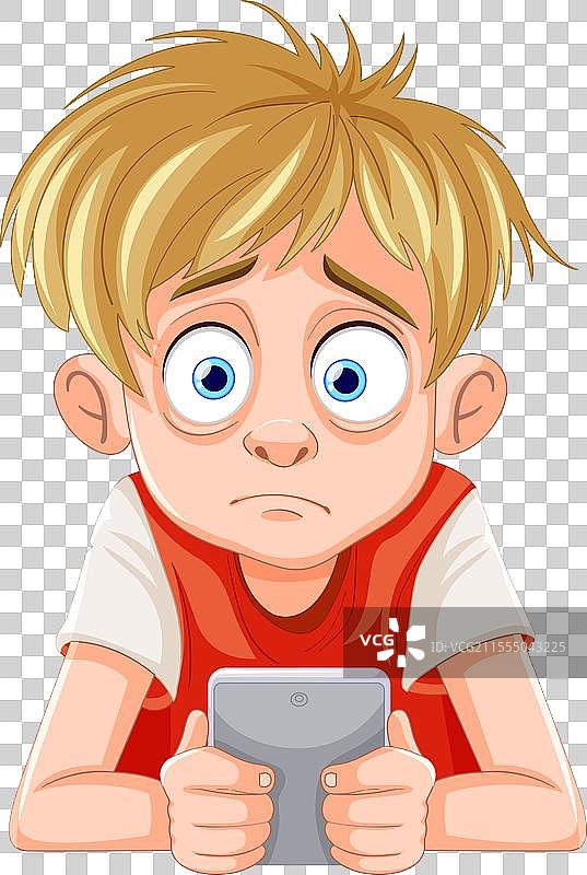 一个关心的男孩与移动设备的卡通形象图片素材