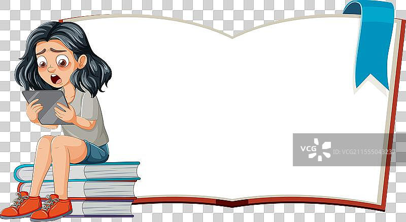 女孩坐在书上，惊讶于一个故事图片素材