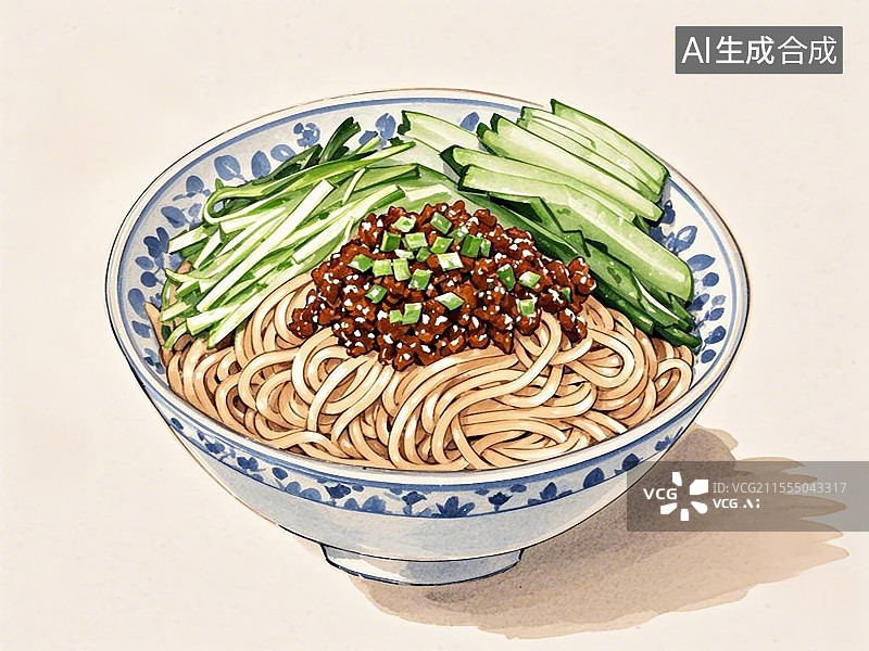 【AI数字艺术】传统美食炸酱面手绘线稿风格图片素材