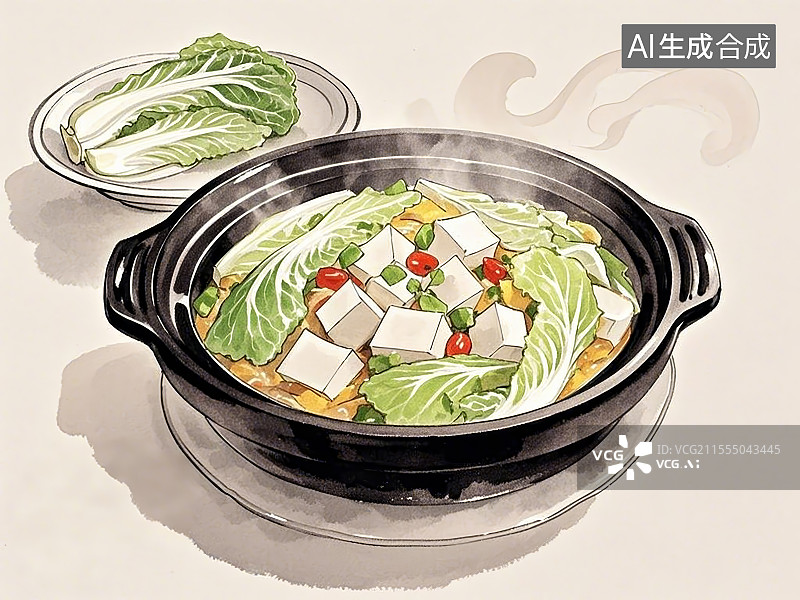 【AI数字艺术】传统美食白菜豆腐煲手绘线稿风格图片素材