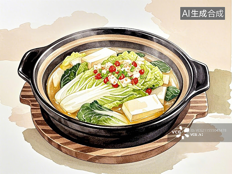【AI数字艺术】传统美食白菜豆腐煲手绘线稿风格图片素材