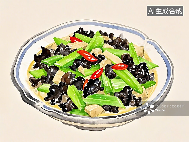 【AI数字艺术】传统美食莴笋炒木耳手绘线稿风格图片素材