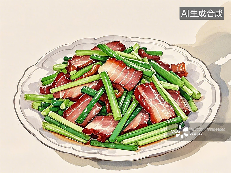 【AI数字艺术】传统美食蒜苔炒腊肉手绘线稿风格图片素材