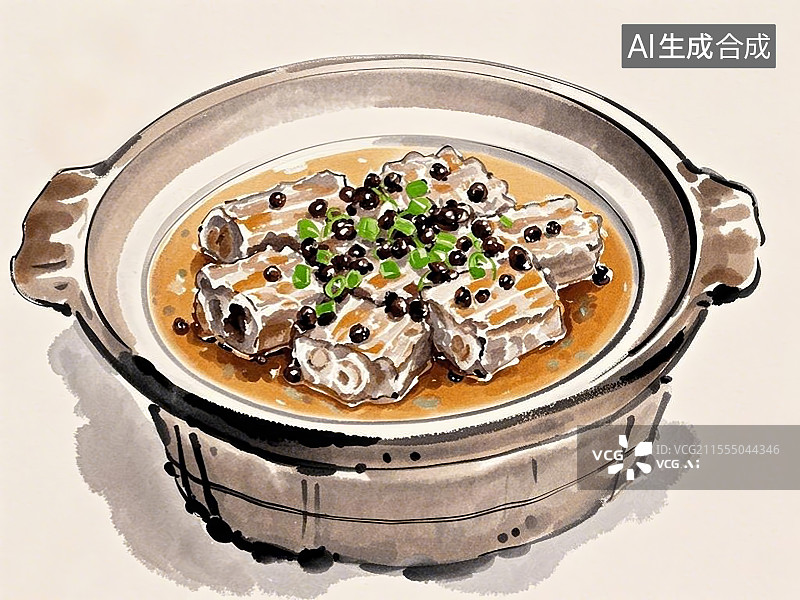 【AI数字艺术】传统美食豉汁蒸排骨手绘线稿风格图片素材
