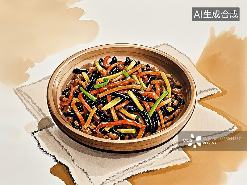 【AI数字艺术】传统美食鱼香肉丝手绘线稿风格图片素材