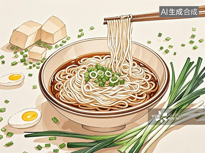 【AI数字艺术】传统美食阳春面手绘线稿风格图片素材