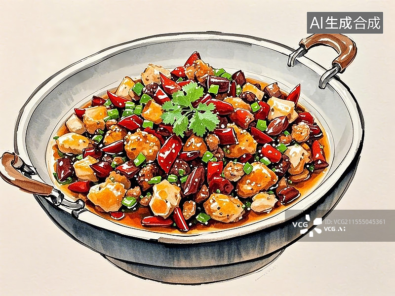 【AI数字艺术】传统美食重庆辣子鸡手绘线稿风格图片素材