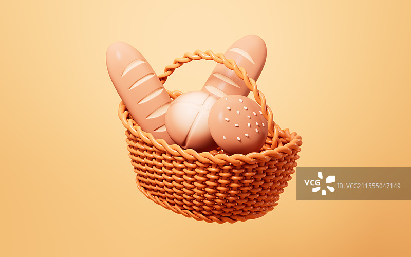 卡通竹篮子里的面包3D渲染图片素材