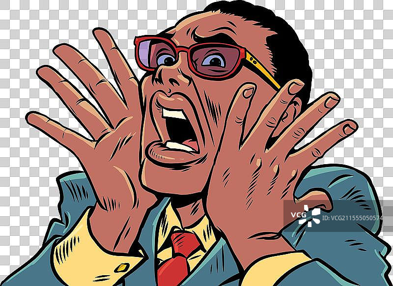 波普艺术复古风格，男人惊恐地尖叫并用手遮住脸。图片素材