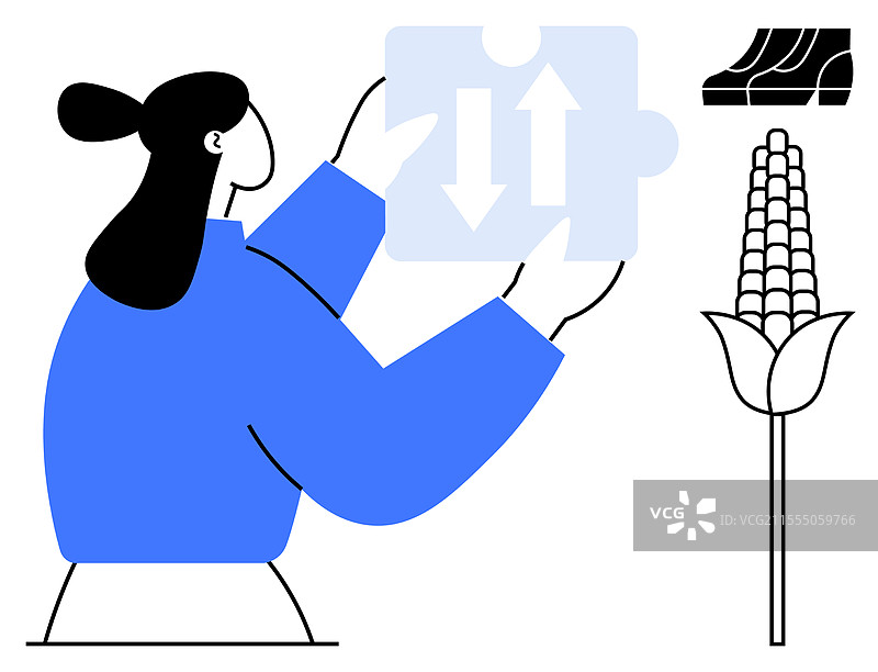 女人手持拼图块，周围有箭头和玉米植物图片素材