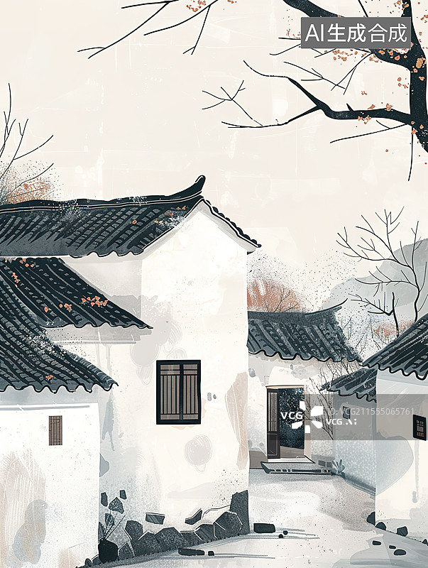 【AI数字艺术】极简风格早冬的徽派建筑插画图片素材