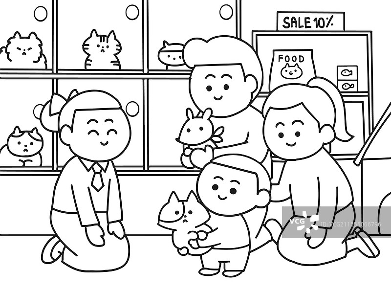 家庭收养猫咪的卡通风格图片素材
