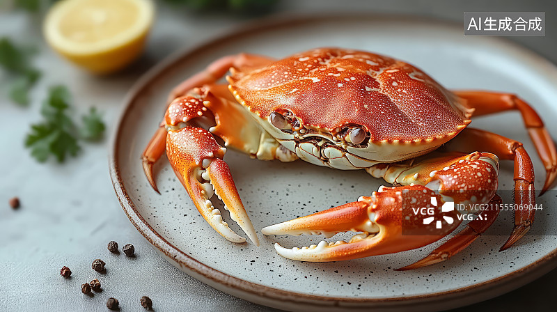 【AI数字艺术】餐盘上一只蒸熟的螃蟹图片素材