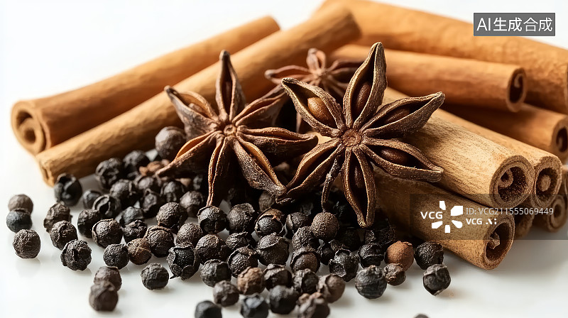 【AI数字艺术】白色背景里的八角胡椒肉桂条常用烹饪香料图片素材