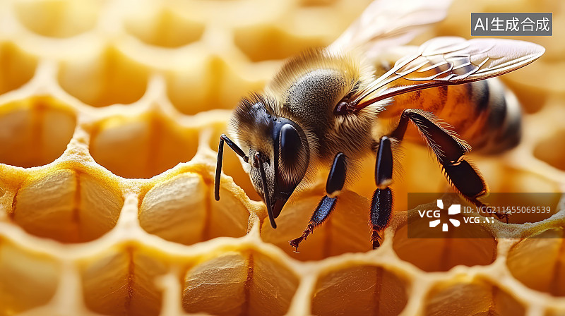 【AI数字艺术】一只蜜蜂在蜂巢上特写图片素材