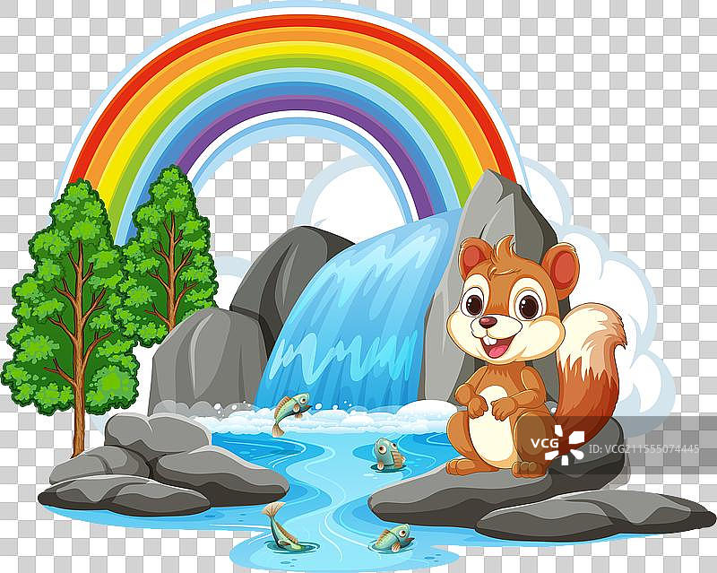 一只快乐的松鼠坐在瀑布旁边图片素材