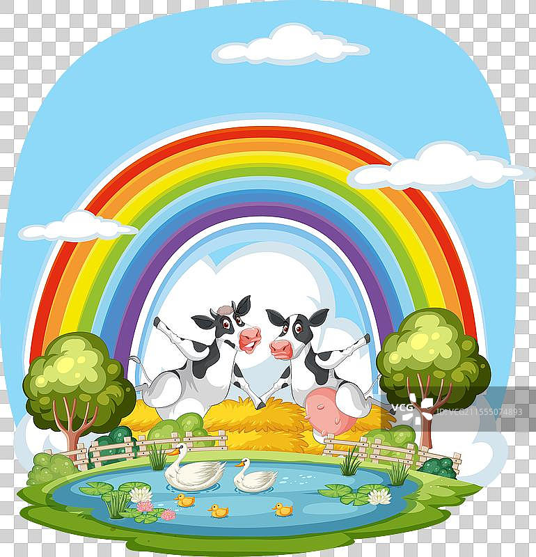 卡通农场动物在户外享受阳光明媚的一天图片素材
