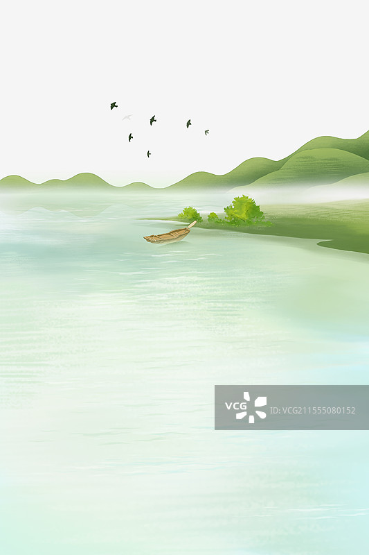 中国风儿童古诗绘本封面配图 春天湖边的小船和垂柳 湖边的风景 国风山水风景画 春天的节气 竖版图片素材