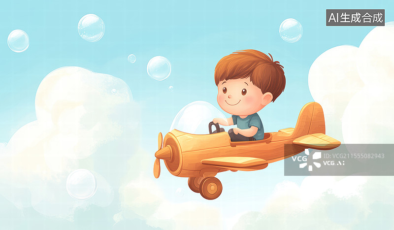 【AI数字艺术】一个卡通风格的场景，画面中有一个小男孩驾驶着一架小飞机在云层中飞行。图片素材