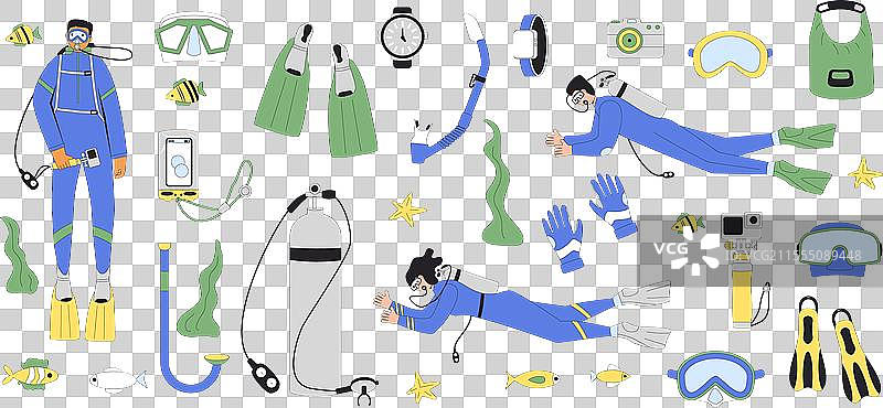 潜水装备，男女潜水员在水中游泳图片素材