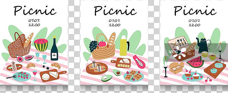 卡通风格的野餐邀请卡组合图片素材