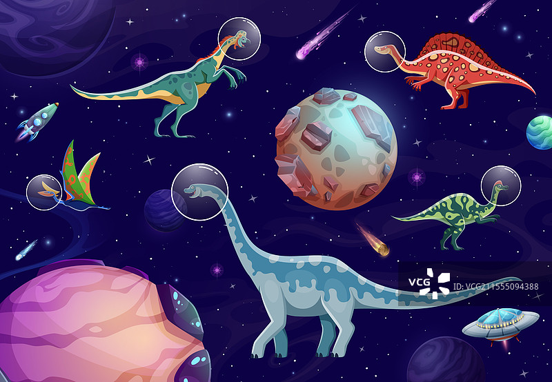 卡通恐龙宇航员探索外太空图片素材