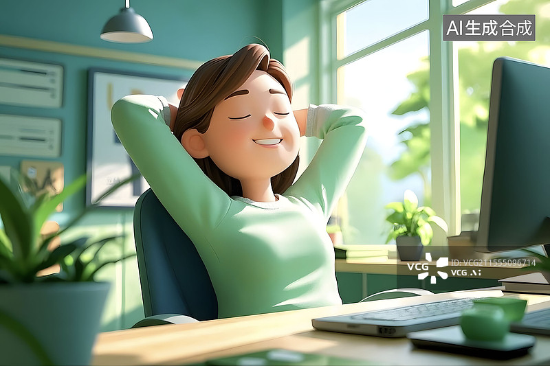 【AI数字艺术】3D三维办公室白领女人工作学习后思考放松休息休闲图片素材